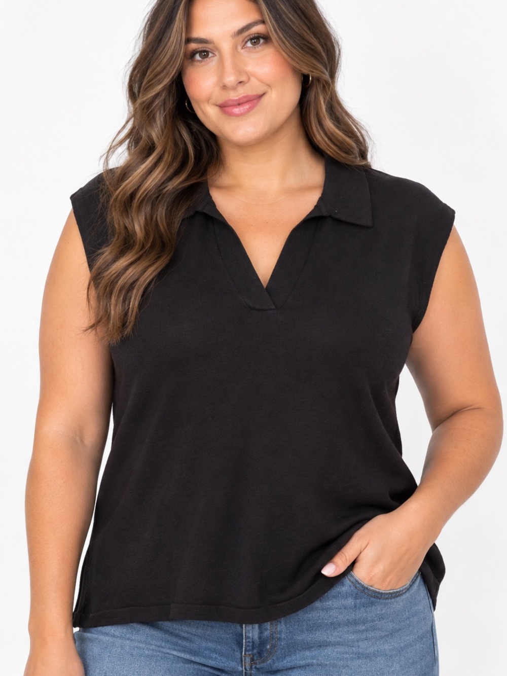 Scoop Black V‑Notch Collar Cap‑Sleeve Tank